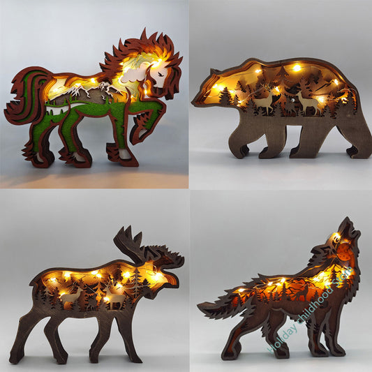 Wooden Christmas Animal Ornament LED Figurines